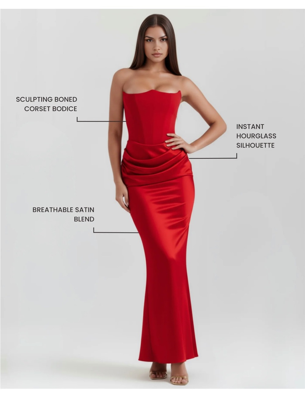 Red Strapless Satin Corset Bodice Evening Dress